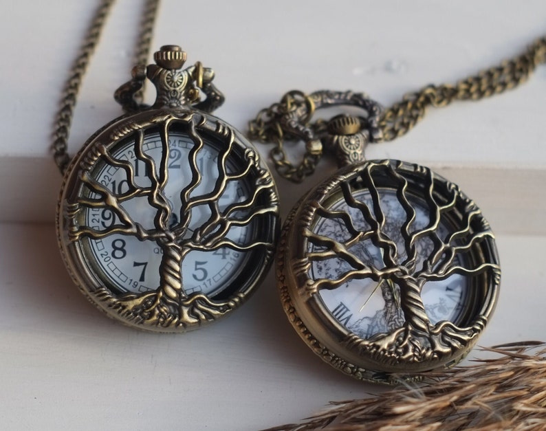 Antique bronze pocket watch, Elegant watch with hollow tree of life, Necklace pendant watch, Gift for women or man