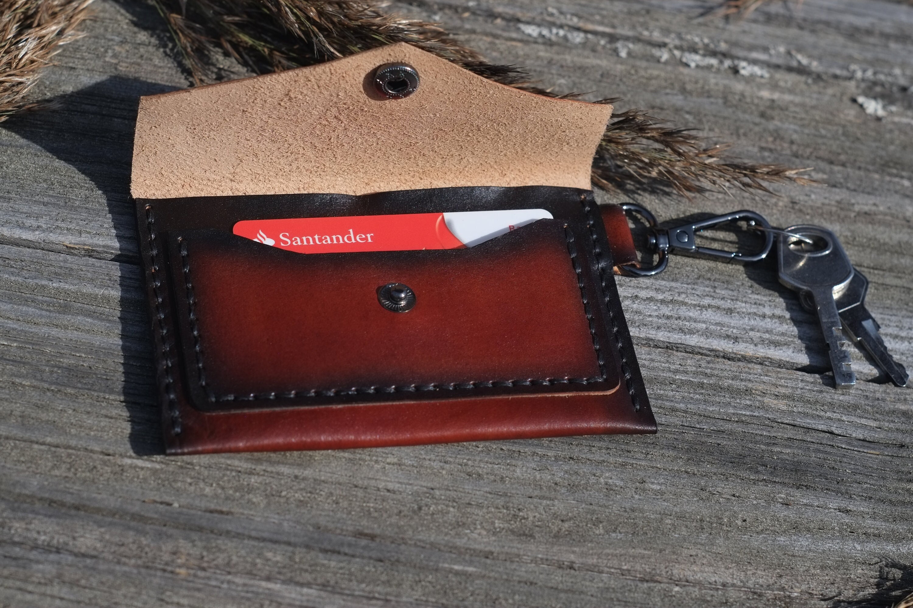 Leather keychain wallet, Red brown keyring wallet, Credit card holder, Leather coin purse, Hand dyed leather, Minimalist wallet