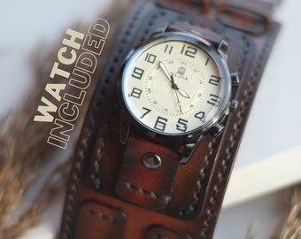 Montre manchette en cuir steampunk, montre classique marron, montre-bracelet, bracelet en cuir fait main, cadeau pour mari, petit ami, fils, prêt à être expédié