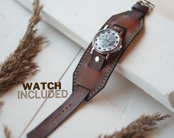 Brown classic watch, Steampunk leather cuff watch, Wrist watch, Handmade leather band , Gift for husband, boyfriend, son,  Ready to ship