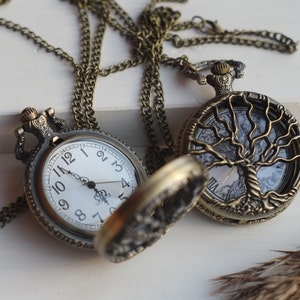 Antique bronze pocket watch, Elegant watch with hollow tree of life, Necklace pendant watch, Gift for women or man