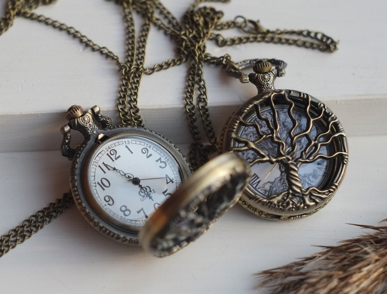 Antique bronze pocket watch, Elegant watch with hollow tree of life, Necklace pendant watch, Gift for women or man