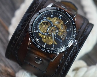 Automatic watch, Brown real leather cuff watch, Men&#39;s watch, Hand stitched leather strap & band, Gift for husband, boyfriend, Ready to ship