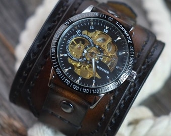 Montre automatique, montre manchette en cuir marron, montre pour homme, bracelet et bracelet en cuir cousus à la main, cadeau pour mari, petit ami, prêt à être expédié