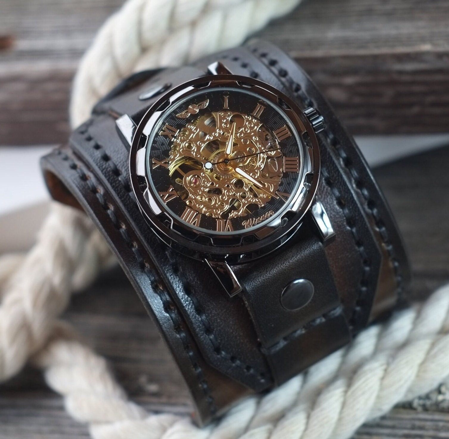 Mechanical wrist watch, Leather cuff watch, Dark brown watch, Hand stitched leather strap & band, Gift for husband, boyfriend, Ready to ship