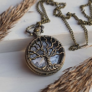 Antique bronze pocket watch, Elegant watch with hollow tree of life, Necklace pendant watch, Gift for women or man