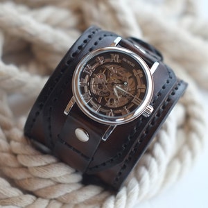 Brown leather cuff watch, Skeleton watch, Hand stitched leather strap & band, Mechanical wrist watch, Gift for him or her, Ready to ship