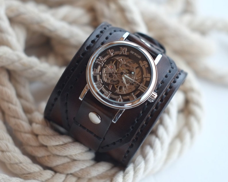 Brown leather cuff watch, Skeleton watch, Hand stitched leather strap & band, Mechanical wrist watch, Gift for him or her, Ready to ship