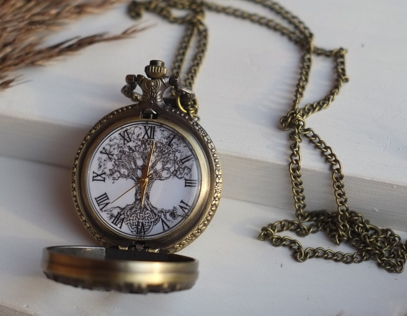 Antique bronze pocket watch, Elegant watch with hollow tree of life, Necklace pendant watch, Gift for women or man