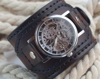 Brown leather cuff watch, Skeleton watch, Hand stitched leather strap & band, Mechanical wrist watch, Gift for him or her, Ready to ship
