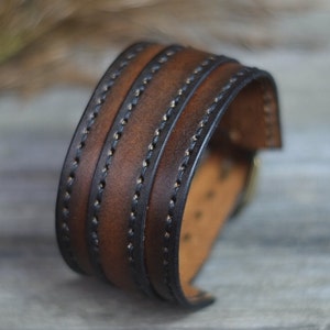 Brown leather bracelet, Hand dyed leather cuff, Thick leather bracelet, One strap leather wristband, Unisex Bracelet for men or women