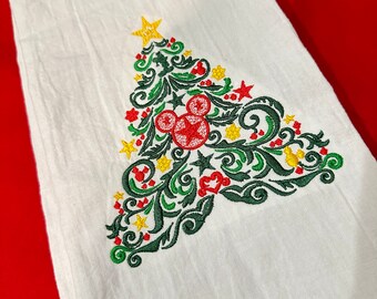 Embroidered tea towel Christmas tree design