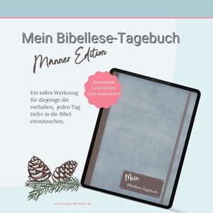 以下が含まれることがあります： 「Mein Bibellese-Tagebuch」と「Manner Edition」の文字が書かれた青と茶色のジャーナル。ジャーナルは質感のある表紙と茶色の革のような縁取りが施されています。ピンクの円の中に「Kostenlose Lesezeichen zum Ausdrucken」という文字があります。