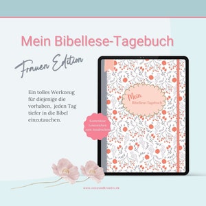 Może przedstawiać: Okładka cyfrowego planera z kwiatowym wzorem w odcieniach różowego i szarego. Na okładce widnieje tekst "Mein Bibellese-Tagebuch". Na okładce widnieje tekst "Frauen Edition".