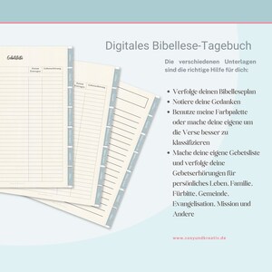 May include: Digital printable Bible reading journal with a light blue and white color scheme. The journal includes sections for daily entries, prayer requests, and reflections. The text on the page reads "Digitales Bibellese-Tagebuch" and "www.cosyundkreativ.de".