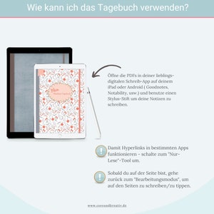 May include: A white tablet with a pink and white floral design on the screen. The text "Mein Bullet Journal" is visible on the screen. The image shows how to use a digital journal on a tablet.