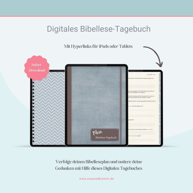 May include: A digital Bible reading journal with a blue and gray cover and the text "Mein Bibellese-Tagebuch" (My Bible Reading Journal). The journal is designed for use on iPads and tablets and includes hyperlinks.