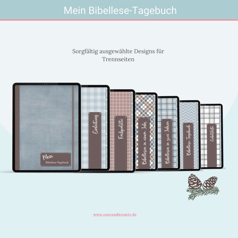 May include: A digital tablet screen displaying a blue and white plaid pattern. The screen is labeled "Einleitung" which is German for "Introduction". The tablet is part of a set of seven tablets, each with a different design. The designs include a blue and white plaid, a pink and white plaid, a brown and white plaid, a blue and white chevron, and a blue and white plaid with a brown border. The tablets are all labeled with German words, including "Farbpalette" which is German for "color palette", "Bibellesen in einer Jahr" which is German for "Bible reading in one year", "Bibellesen in zwei Jahren" which is German for "Bible reading in two years", "Bibellese-Tagebuch" which is German for "Bible reading journal", and "Gebetsliste" which is German for "prayer list".