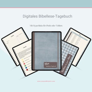 May include: A digital Bible reading journal with a blue cover and a brown label that says "Mein Bibellese-Tagebuch". The journal is designed for use on iPads or tablets and includes hyperlinks.