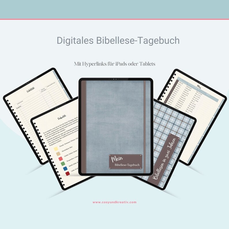 May include: A digital Bible reading journal with a blue cover and a brown label that says "Mein Bibellese-Tagebuch". The journal is designed for use on iPads or tablets and includes hyperlinks.