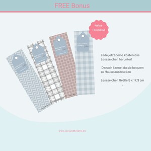 May include: Four printable bookmark designs with a blue and white chevron pattern, a blue and white plaid pattern, a pink and white plaid pattern, and a blue and white gingham pattern. The bookmarks feature the text "ALLES, was du tust, geschieht in Liebe" and "Sofort Download".