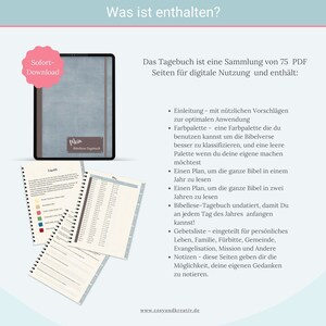 May include: A digital Bible journal with a blue cover and the text "Mein Bibellese-Tagebuch" (My Bible Reading Journal). The journal includes 75 pages of printable PDF content for digital use. The content includes a color palette, a reading plan, and a prayer list.