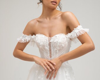 Robe de mariée bohème chic avec manches faites sur-mesure, robe de mariée bohème dentelle