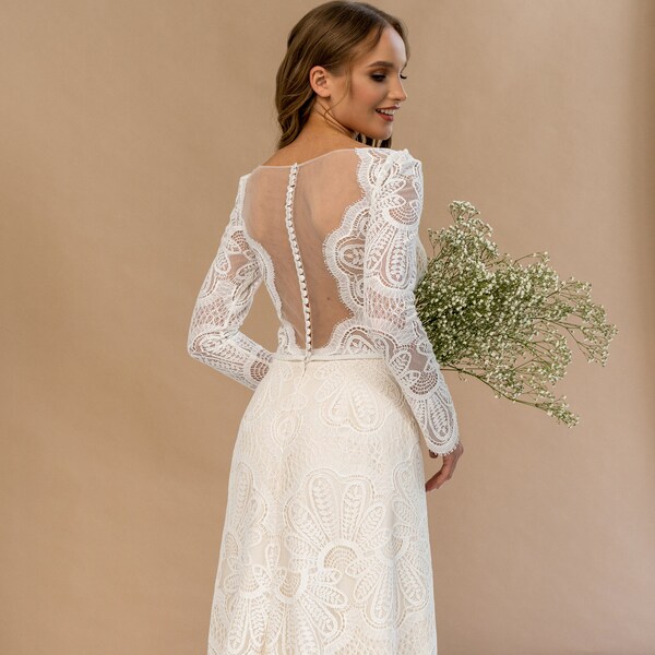 Robe de mariée en macramé style bohème manches longues