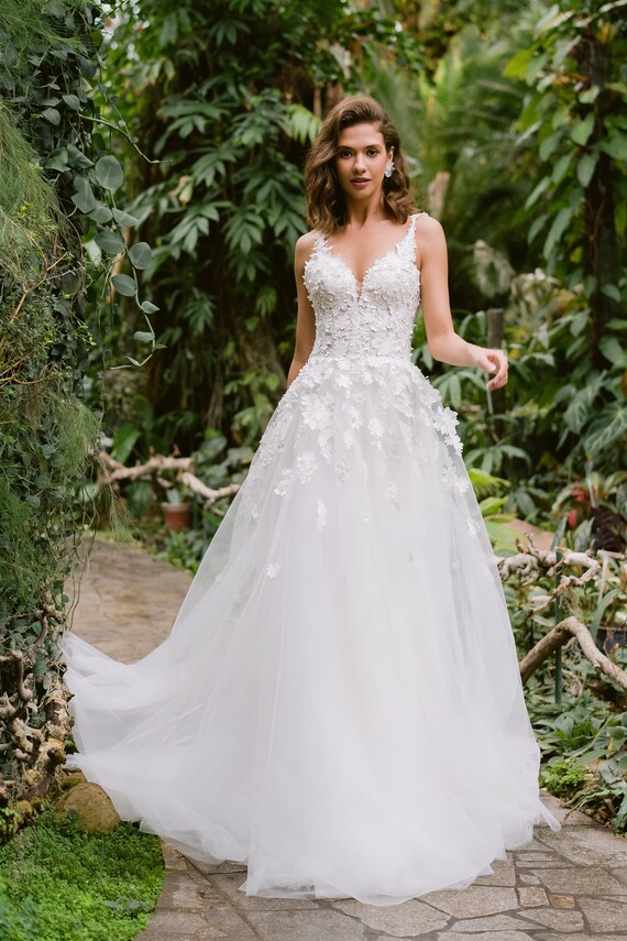 A-line Wedding Dress, This Sublime Lucie Wedding Dress Has Spaghetti Straps  the Corset is Topped With 3D Lace - Etsy