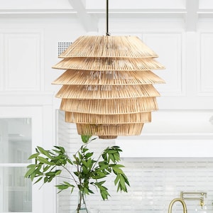 Harea Rustic Coastal Boho Rattan Pendant Light.  8 Layer Wicker Hanging Light for Bedroom, Kitchen, Living Room. Artisan Made. Sustainable