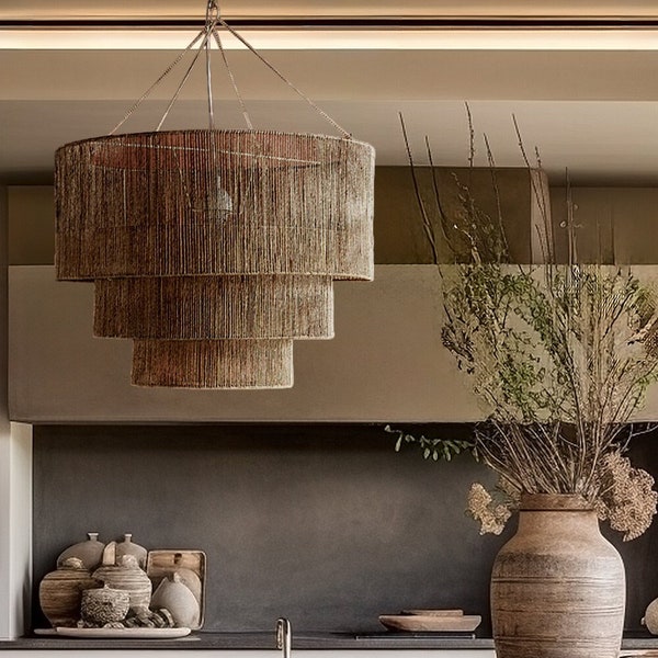 Hera XL Jute Pendant Light. Large Rattan Lampshade for Rustic Boho Farmhouse Home Decor. Artisan Made & Sustainable Rattan Lighting