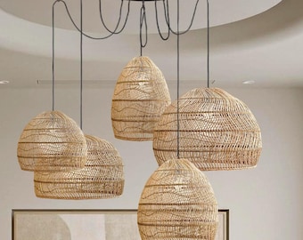 Farmhouse Rattan Pendant Light Dome Shape Handwoven High Quality by Artisan for All Room Decor. Boho, Rustic, Mid-century, Contemporary