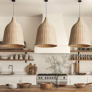 Bacia Rattan Pendant Light. Cream Color Rattan Pendant Light 11.4&#39;&#39; x 16.9&#39;&#39;. Wicker Lighting for Bedroom, Kitchen Island, Living Room.