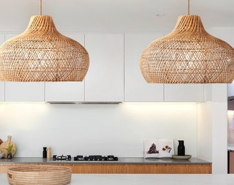 Handgewebte Rattan Pendelleuchte, Boho Küsten Japandi Stil