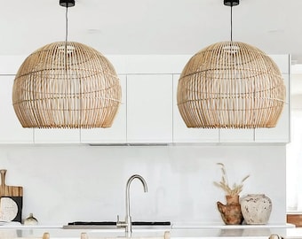 Symmetrical Rattan Pendant Light High Quality Luxe Home Decor Lighting for Bedroom, Living Room, Kitchen Island. Boho, Farmhouse, Coastal