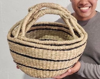 Black Stripe Picnic Bolga Basket. Timeless Sustainable Bolga organizer. High Grade Seagrass Basket.