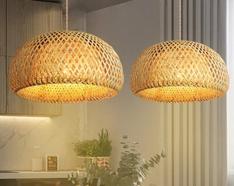 Retro Bamboo Pendant Light for All Decor Styles. Handwoven by Artisans. Sustainable Lighting for Bedroom, Living Room, Kitchen Island.