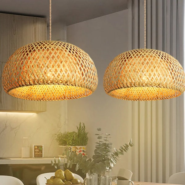 Retro Bamboo Pendant Light for All Decor Styles. Handwoven by Artisans. Sustainable Lighting for Bedroom, Living Room, Kitchen Island.