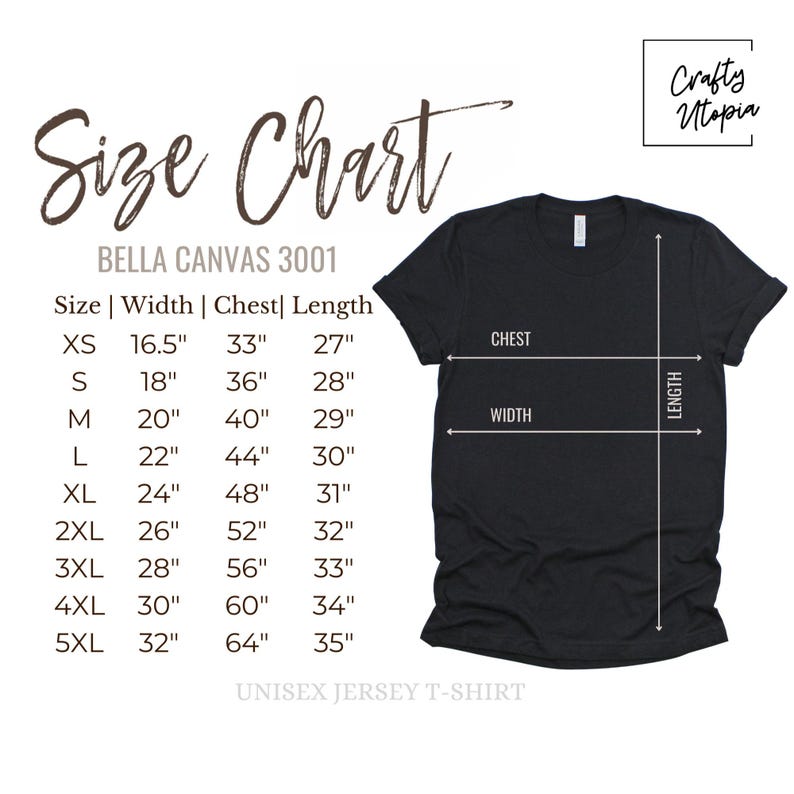 Pu&ograve; includere: Tabella delle taglie per t-shirt unisex in jersey Bella Canvas 3001. La tabella mostra le misure in pollici per le taglie XS, S, M, L, XL, 2XL, 3XL, 4XL e 5XL. Le misure includono larghezza, petto e lunghezza.