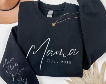 Custom Mama Sweatshirt: Kids Names on Sleeve, Personalized Mom Gift