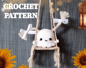 Patrón de crochet fantasma más lindo (PDF), fantasma sentado en un columpio, patrones de crochet para Halloween, percha de crochet para coche fantasma, accesorios de Halloween
