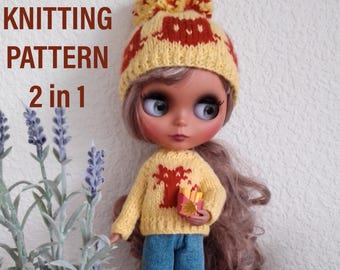 Blythe KNITTING PATTERN PDF , 2 in 1 knitted clothing set for Blythe doll , set sweater and hat with cats for doll 12inch, Jacquard knitting