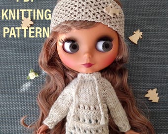 Blythe KNITTING PATTERN PDF , Boho style knitted sweater for 12 inch dolls , crochet headband pattern for Blythe doll