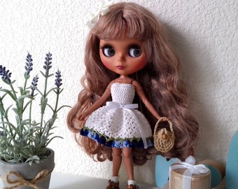 White Cotton Summer Dress for Blythe / Handmade Crochet Outfit for 12" Dolls