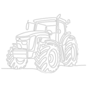 Peut inclure: Illustration en trait d'un tracteur. Le tracteur a de grands pneus, une cabine et divers détails. L'image est un simple contour, parfait pour la coloration ou comme design minimaliste.