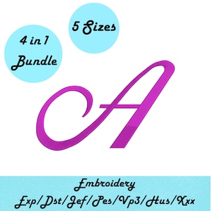 Elegant kalligrafibroderidesign med bokstaven A, kursivt monogramalfabet, 5 storlekar - Instant Treasure