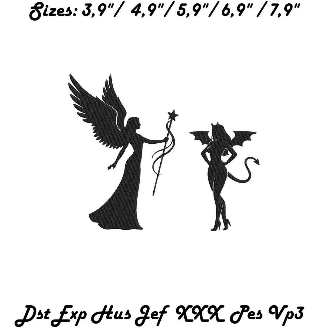 5 Sizes of Embroidery Designs Angel and Devil, Good Vs Evil, Embroidery ...