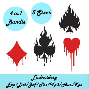 Op de afbeelding: Een digitale designbundel met vier speelkaartsymbolen: ruiten, klaveren, schoppen en harten. Elk symbool heeft een druipend effect en is in rood of zwart. De tekst "4 in 1 Bundle", "5 Sizes" en "Embroidery" is inbegrepen.