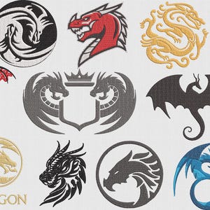 May include: A collection of embroidered dragon designs in various styles and colors. Includes a black and white yin-yang dragon, a red dragon head, and a gold intertwined dragon. The word "DRAGON" is at the bottom.