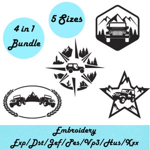 May include: Black and white embroidery designs featuring a Jeep in various shapes, including a star, hexagon, and compass rose. The image includes the text "4 in 1 Bundle" and "5 Sizes". The word "Embroidery" is also present.